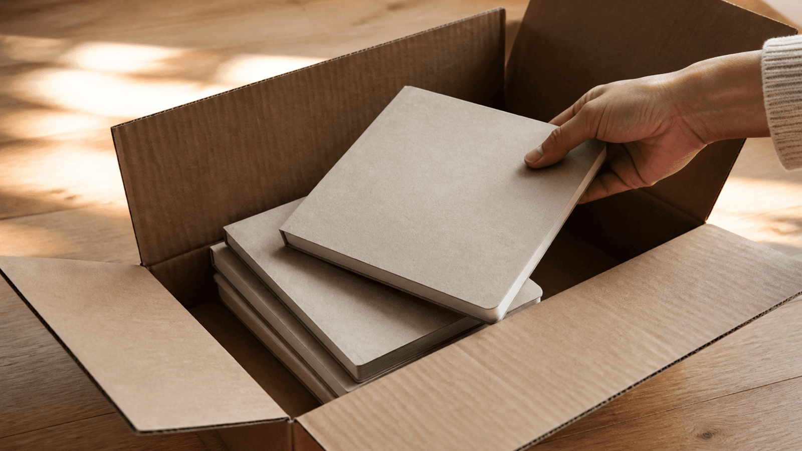 An open moving box on a wooden floor with a stack of paper notebooks inside.