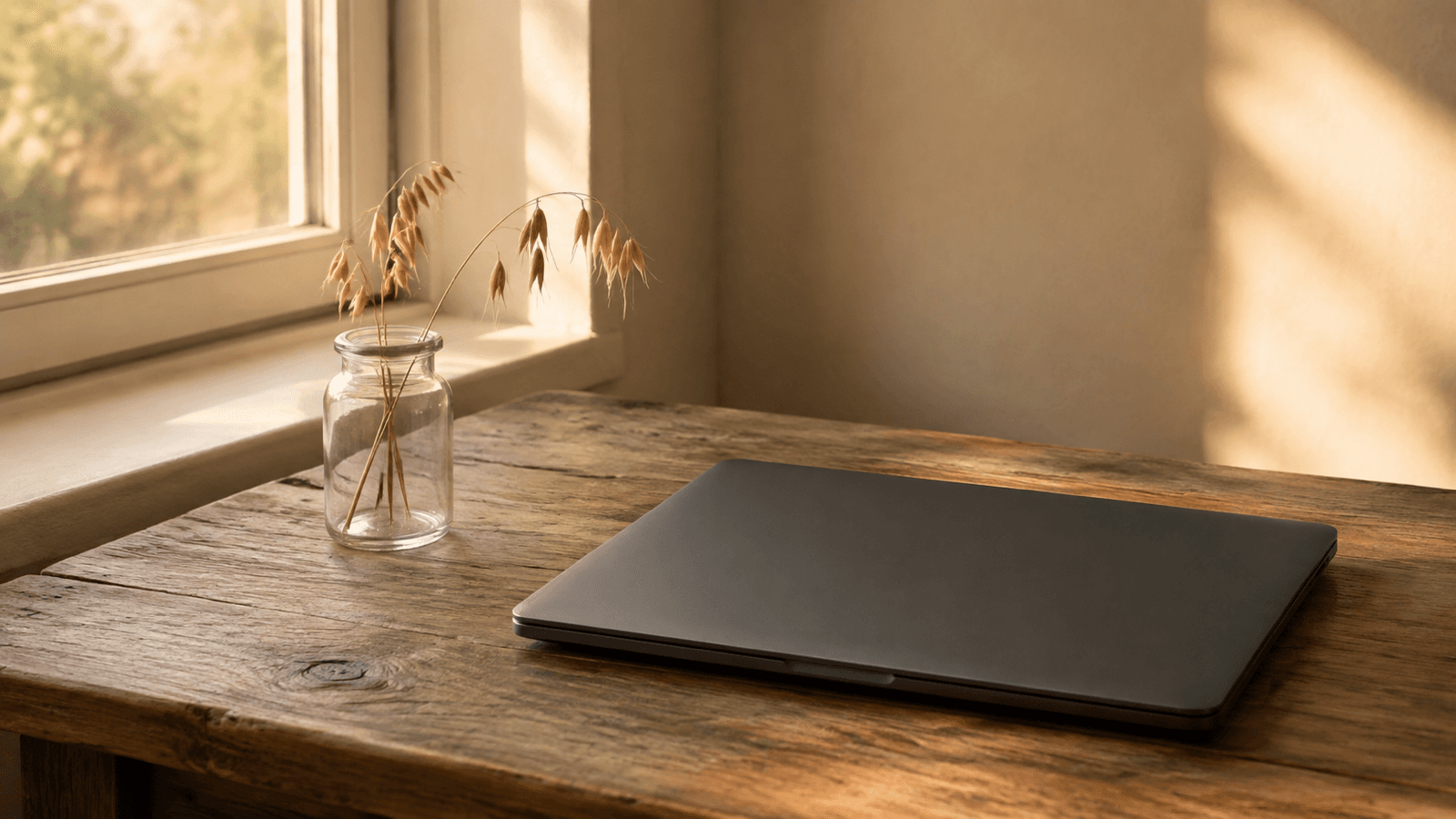 A closed laptop on an oak desk beside a jar of oat stalks, in golden hour light.