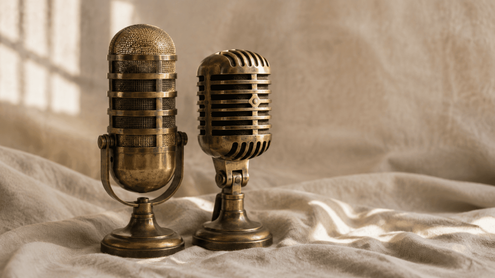 Two brass microphones side by side on a linen cloth in afternoon light.