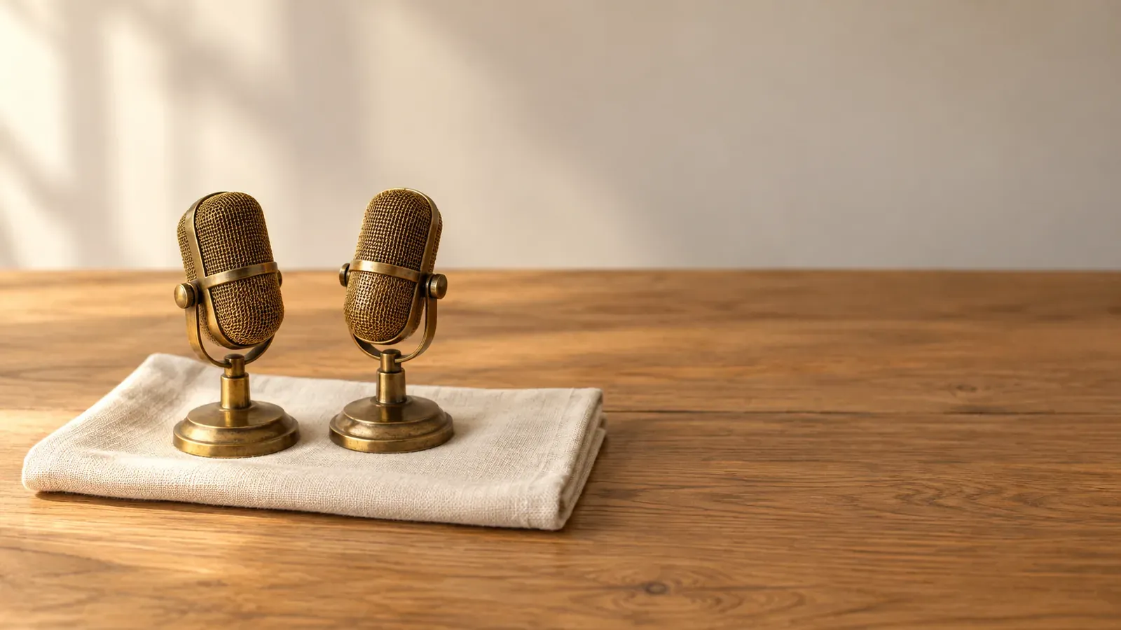 Two small brass tabletop microphones rest side by side on folded cream linen atop a warm oak desk.