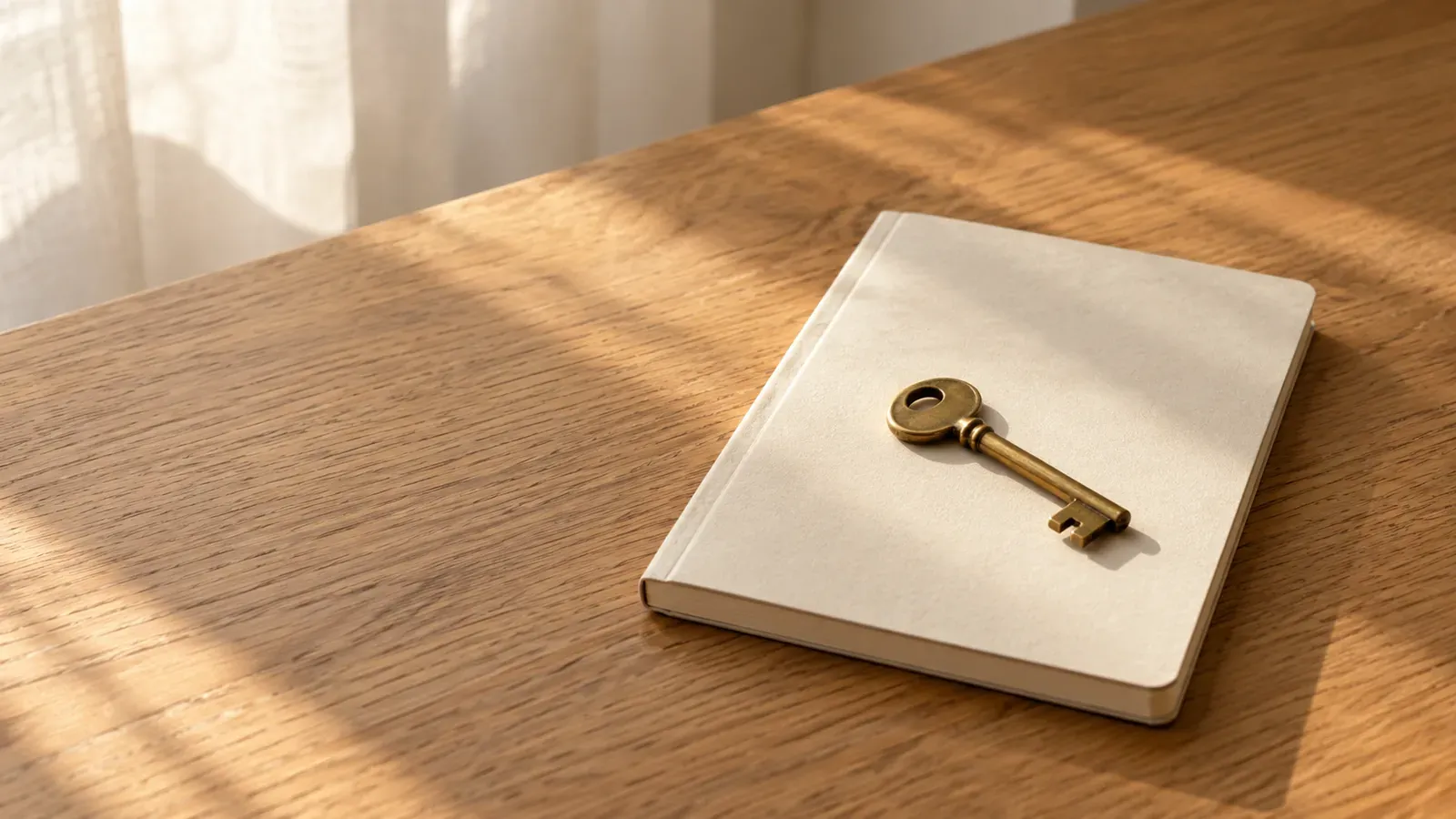 A blank cream notebook with a single brass key resting on it sits in warm window light on an oak desk.