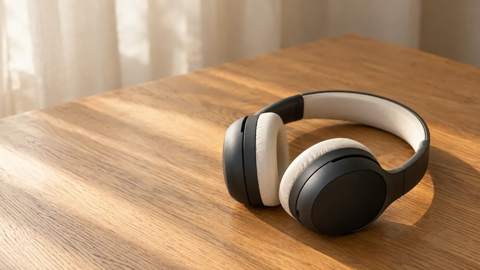 A pair of cream and graphite wireless headphones rests on an oak desk in warm window light.