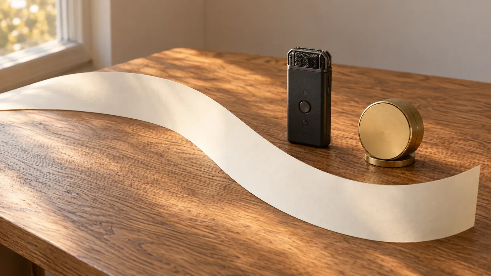 A blank cream paper strip curves across an oak desk beside a graphite audio recorder and a brass kitchen timer.