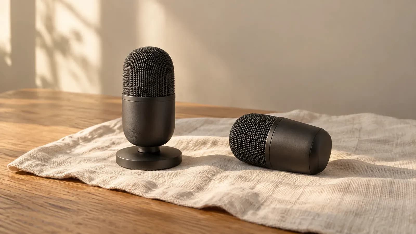 Two small graphite desk microphones rest on cream linen over an oak table in warm window light.