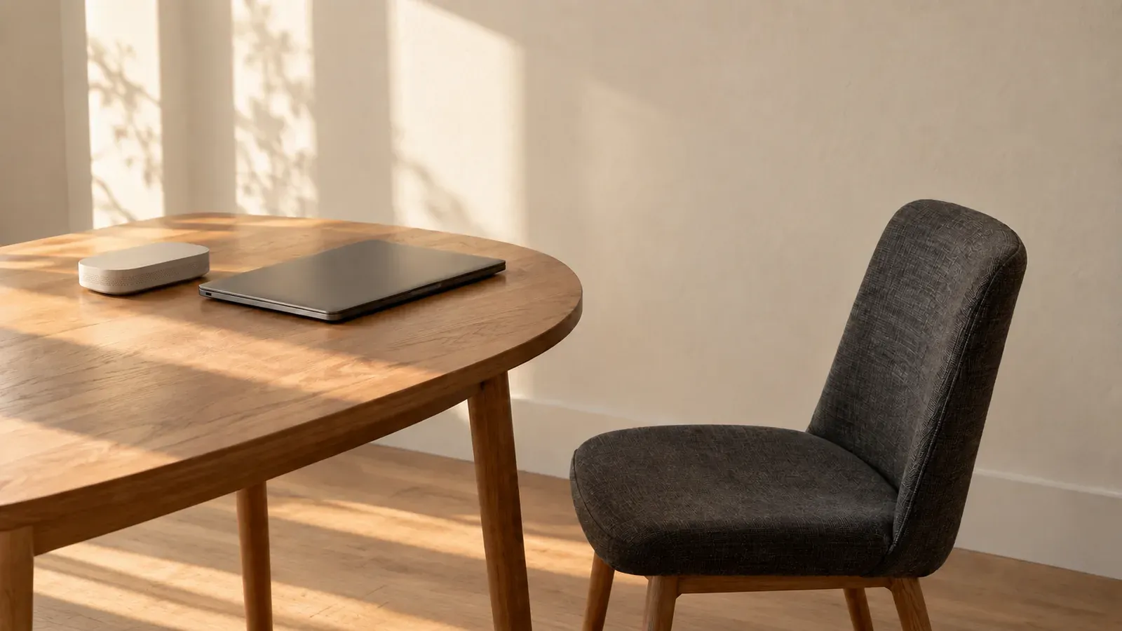 An empty graphite chair is pushed back from an oak table holding a closed laptop and a cream Wi-Fi router in warm afternoon light.