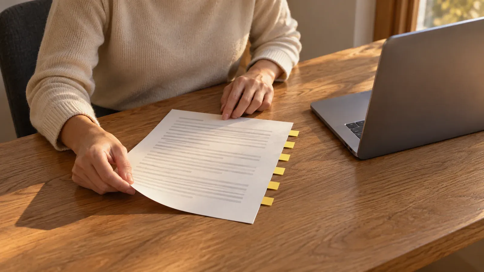 A person reviews a printed page with six yellow tabs at a sunlit wooden desk beside an open laptop turned away from view.