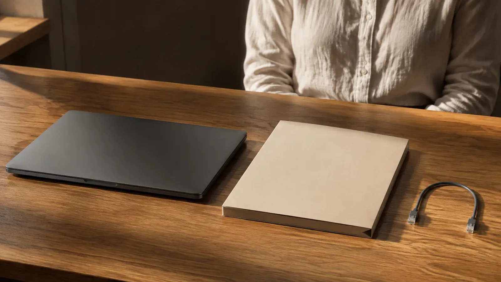 A seated person in a cream linen shirt sits behind an oak desk with a closed graphite laptop, a blank cream case folder, and an unplugged ethernet cable.