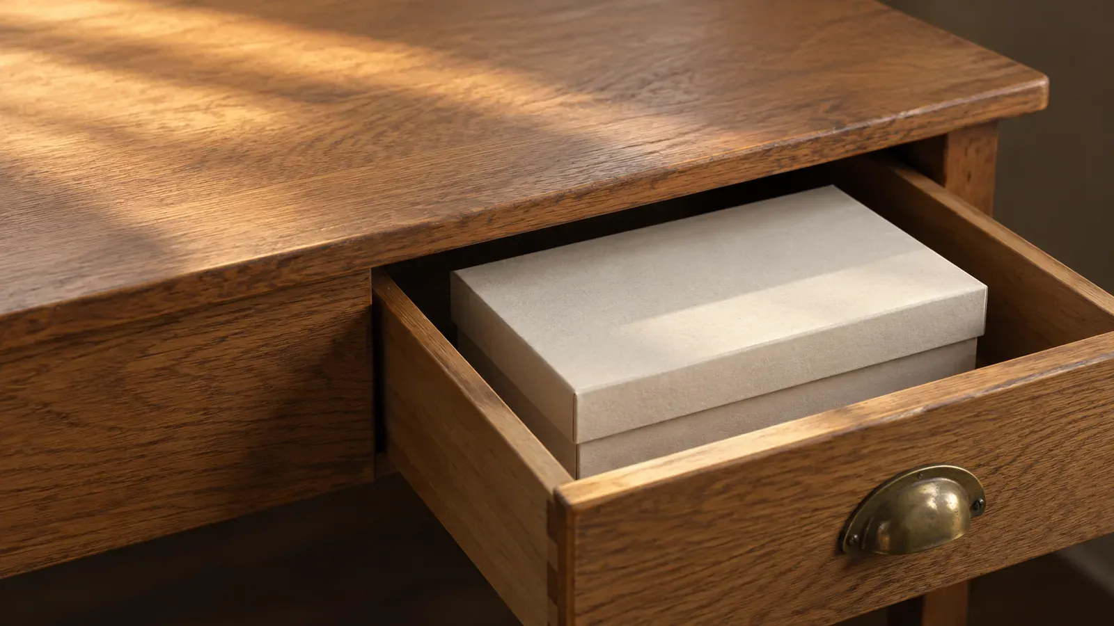 A closed cream archival box rests inside a partly opened oak desk drawer in warm afternoon light.